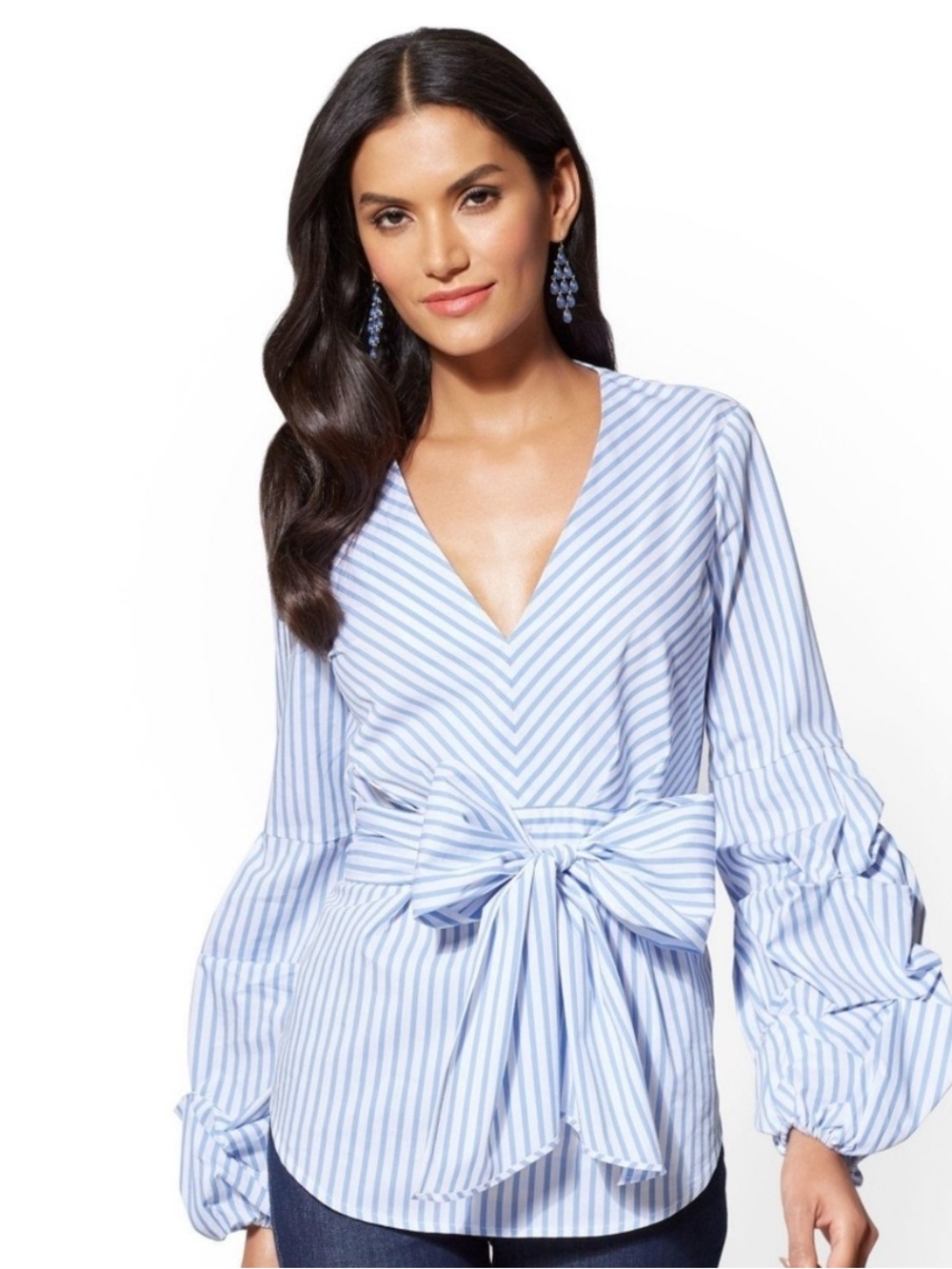 New York & Company Light Blue and White Striped Tie-Waist Blouse